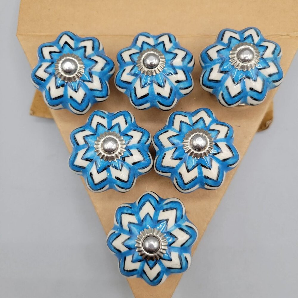 Ceramic Cabinet Drawer Knobs Blue White Silver Tone Set of 6